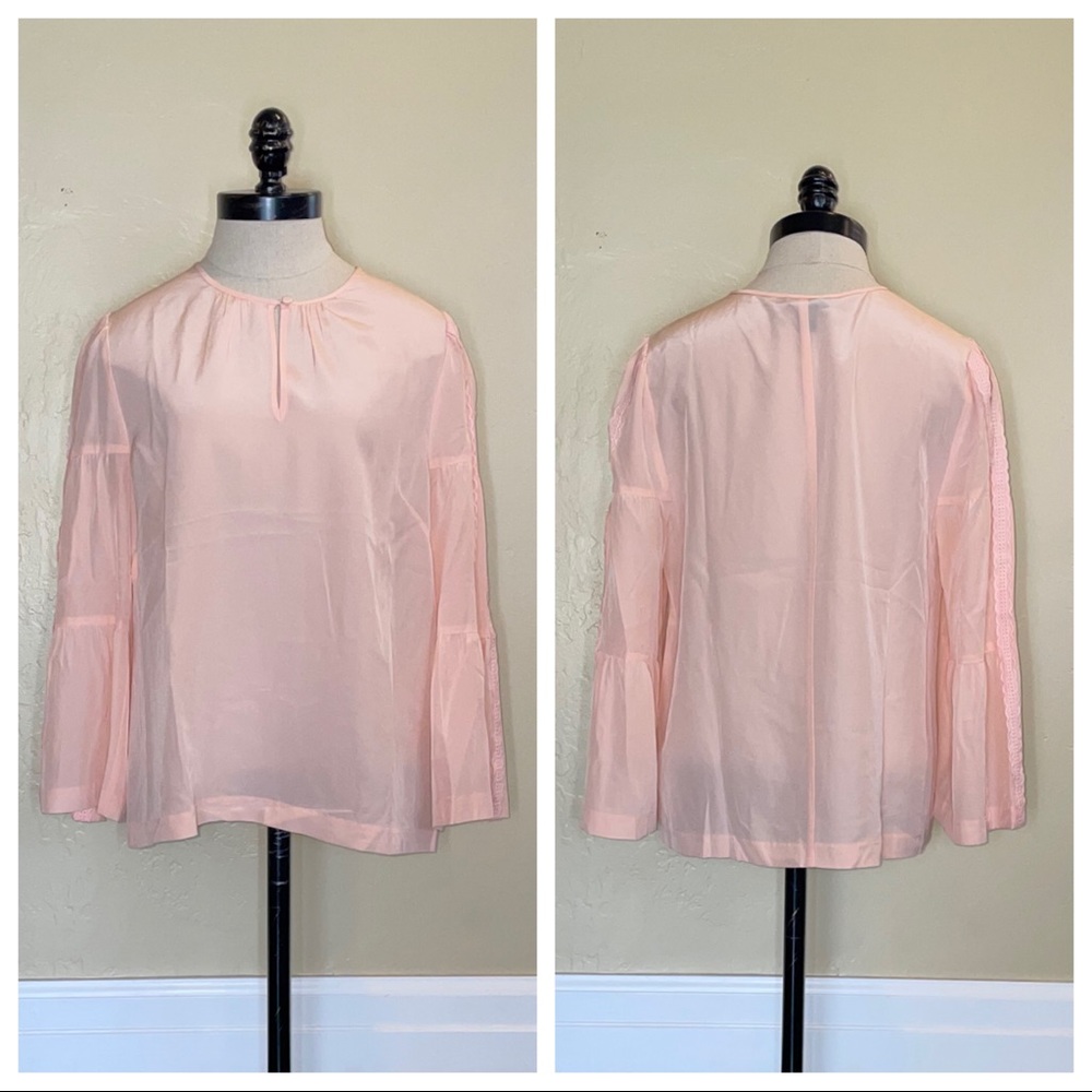 J Crew Embroidered Bell Sleeve Silk Top Pink Med